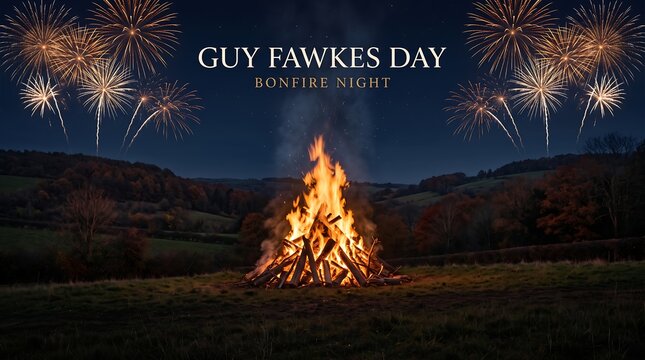 Guy fawkes night bonfire with fireworks display on dark sky background