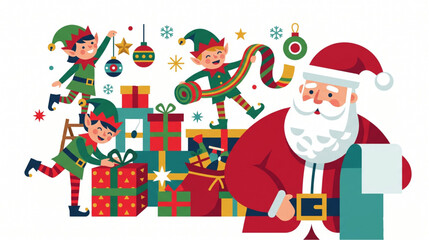 Fototapeta premium Santa Claus Reading Wish List with Helpful Elves in Christmas Workshop Illustration