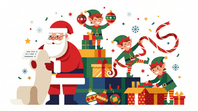 Santa Claus reading long wishlist with elves wrapping gifts in holiday workshop illustration