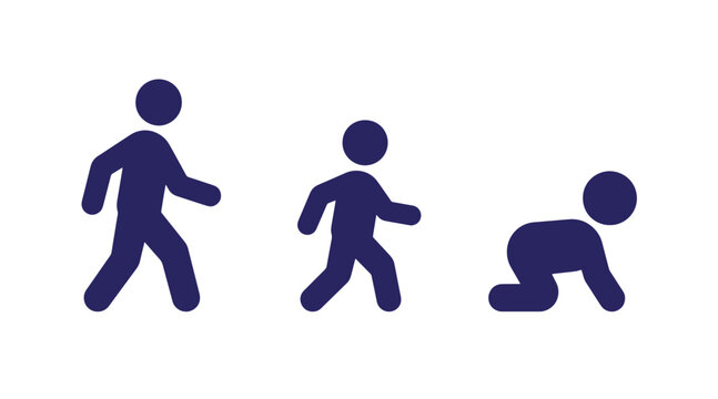 Stages of human development icons featuring person walking and baby crawling progression development crawling evolution progression minimalist maturity childhood movement