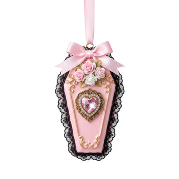 Pink Coffin Ornament with Roses and Heart Jewel - Gothic Victorian Decor