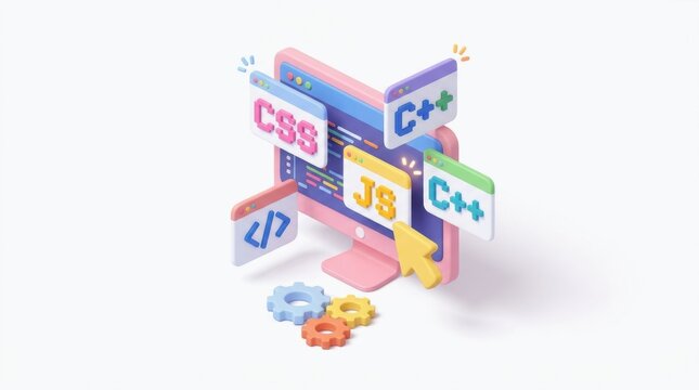 3D Isometric Desktop Monitor with Programming Language Icons and Gears for Web Development