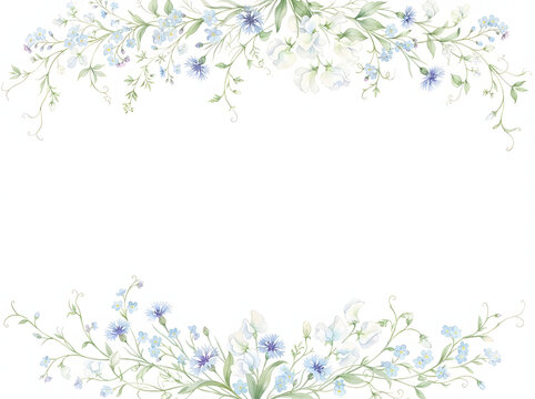 Watercolor soft blue floral top and bottom border frames with delicate spring flowers and greenery on white background.