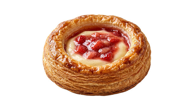 Delicious flaky strawberry danish pastry filled with creamy custard on transparent background