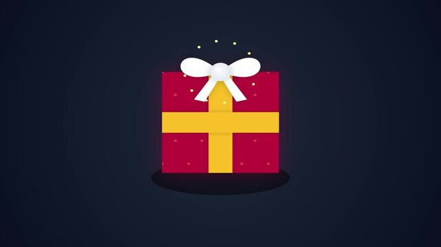 Gift Box with Animated Yellow Ribbon and White Bow Popping Up on a Red Dotted Background
