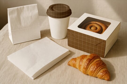 Minimal bakery packaging mockup with croissant and coffee cup