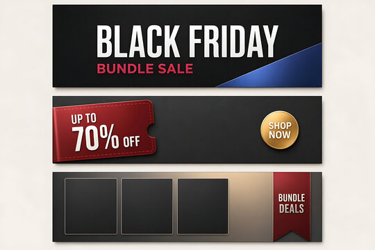 Black friday bundle sale web banners with discount tag and shop now
