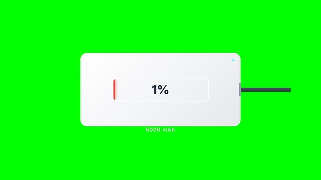 5000 mAh Power Bank Charging Progress Animation with Percentage Bar on Green Screen Background