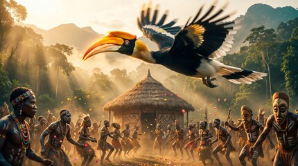 Fototapeta premium A majestic hornbill bird in flight at the Hornbill Festival, with traditional tribal structures in the background, celebrating indigenous culture and connection to nature