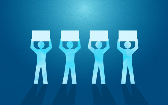 Team of paper people raised blank banners on blue background