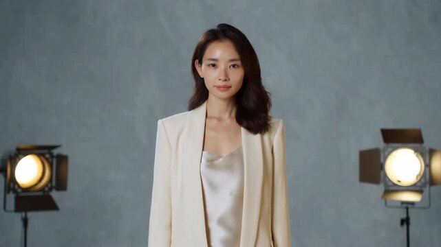 Woman lowers her hand from her chest while standing front-facing in a cream blazer and satin top between two glowing studio spotlights against a textured gray backdrop