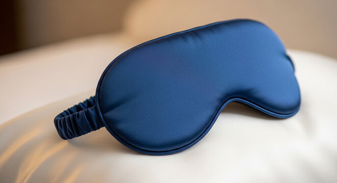 Blue silk sleep mask resting on a soft white pillow for relaxation