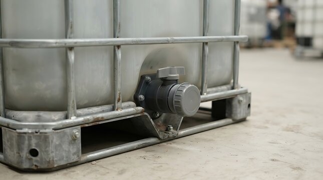 A close-up view of an ibc container showing the secure outlet valve and metal frame used for industrial liquid storage