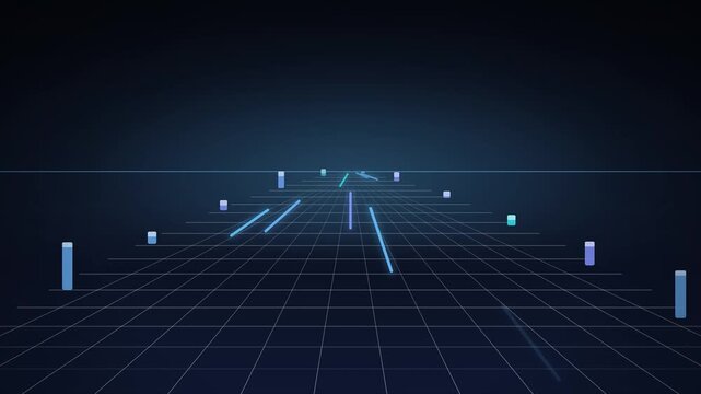 Futuristic Blue Data Grid Flythrough with Cyan Light Streaks and Glowing Pillars on Dark Navy Background
