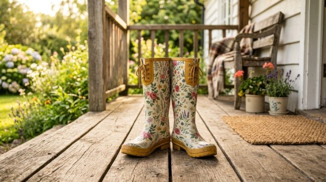 81. Floral pattern rubber rain boots standing on a rustic wooden porch in morning sunlight, shot on Sony A7 IV, 50mm lens, f/2.2, warm cozy countryside aesthetic --ar 4:5