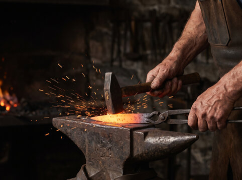 Weathered hands of blacksmith striking glowing hot blade on anvil with flying sparks in dark forge in landscape layout