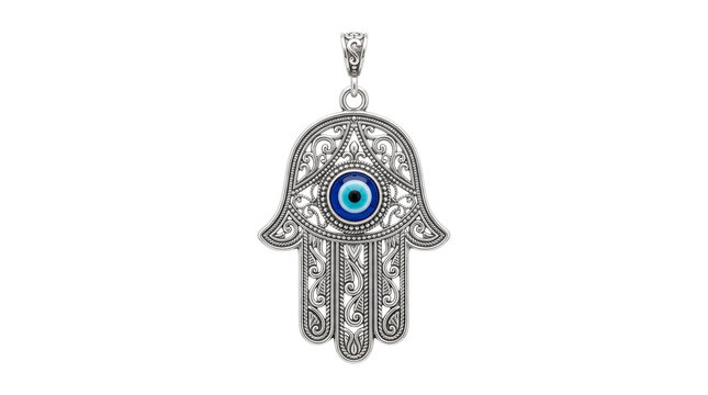 Silver Hamsa hand pendant with blue evil eye, ornate silver filigree amulet charm, hand of Fatima protection symbol jewelry isolated PNG with Transparent Background