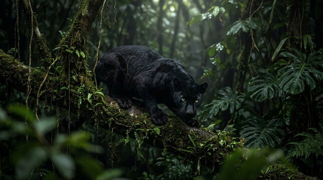 Panther Crouching on a Mossy Branch in Rainforest