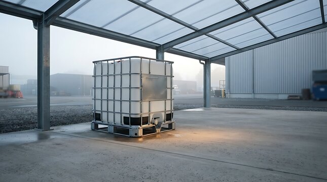 A white ibc container sitting on a concrete surface under a modern warehouse shed during a foggy early morning light