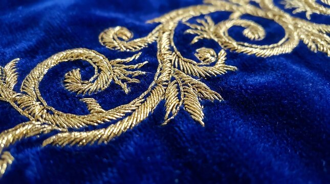 Embroidery Gold Thread Pattern on Blue Velvet Fabric