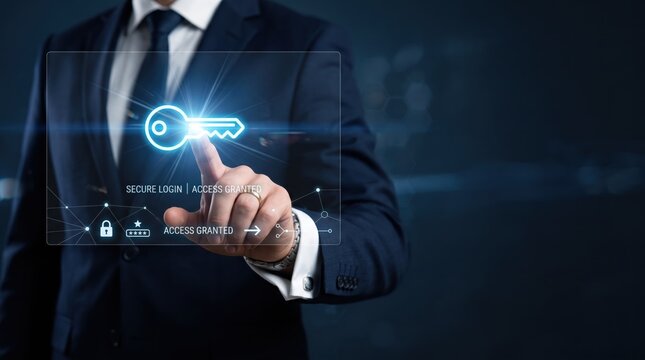 Businessman touching futuristic holographic interface with glowing security key icon, secure login system access granted, cybersecurity concept, digital authentication technology