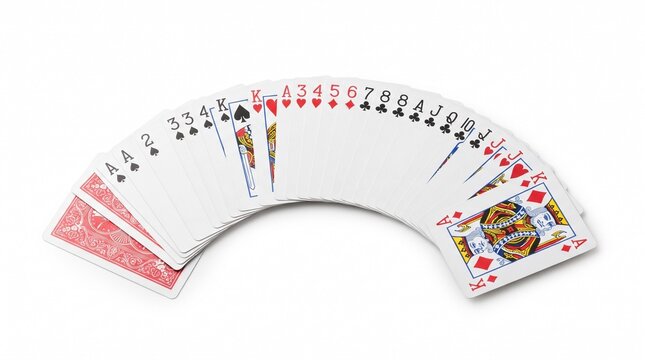 Professional poker playing cards fanned out, deck of gambling cards showing suits and ranks, casino gaming equipment for blackjack and bridge isolated PNG with Transparent Background