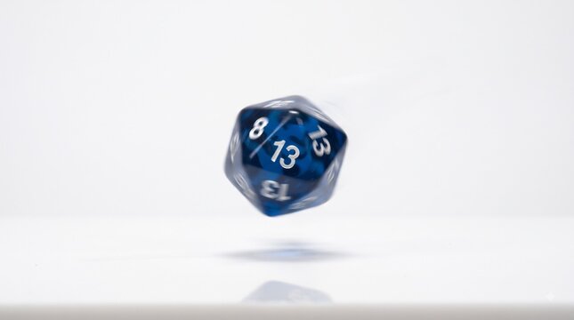 Translucent blue 20-sided d20 dice in motion, rolling polyhedral tabletop gaming die, floating dnd accessory for fantasy roleplaying isolated PNG with Transparent Background