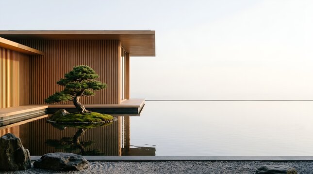 Modern Japandi minimalist zen courtyard home exterior copy space
