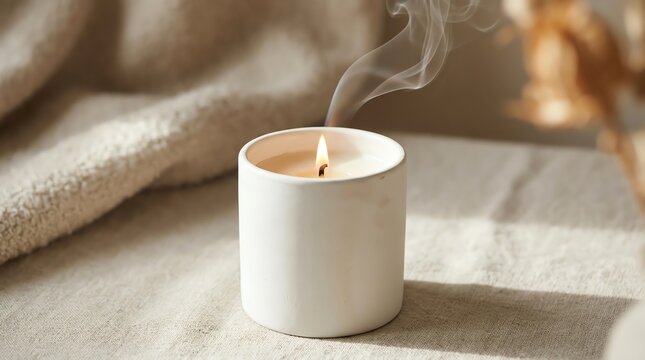 Candle Burning in White Ceramic Jar with Smoke
