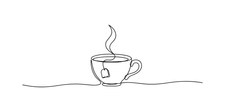 Continuous single line drawing of a steaming tea cup with a tea bag