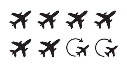 Set of black airplane silhouette icons depicting flying travel and navigation route themes. © Tanvir