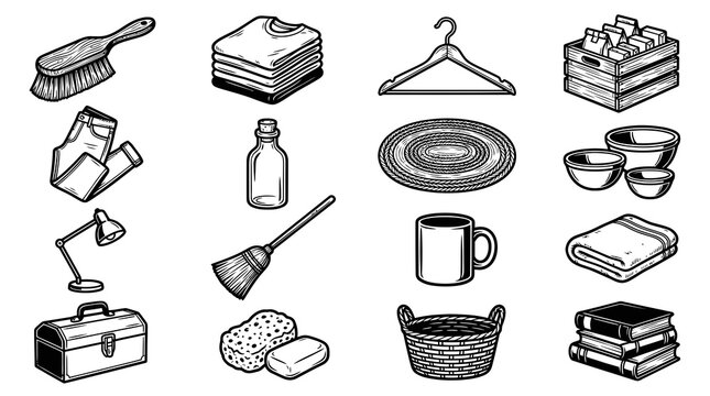 Black and White Line Art Collection of Household, Domestic, and Everyday Objects Icon Set