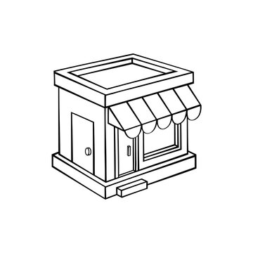 Isometric small retail storefront line art illustration with awning, door, window, architectural facade, and clean minimalist outline design template