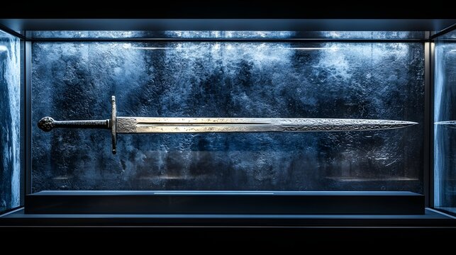 Ancient medieval steel sword displayed horizontally inside a darkened glass museum case representing historical warfare equipment and legendary knightly weaponry preserved for visitors to