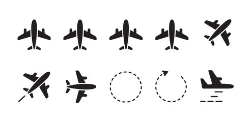 Various airplane silhouettes and flight path icons for travel and aviation themes. © Tanvir
