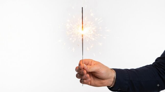 Festive sparkler held in hand, glowing firework for New Year celebration, bright golden sparks for holiday party, minimalist celebratory accessory isolated PNG with Transparent Background