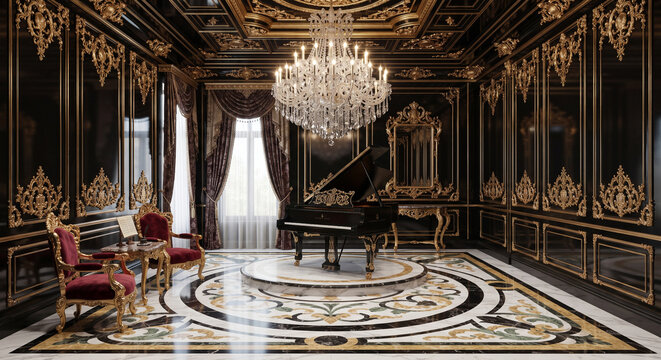 Neo-Baroque Music Salon High-Gloss Ebony Lacquer and Gilded Rococo Plasterwork 3D Interior Design