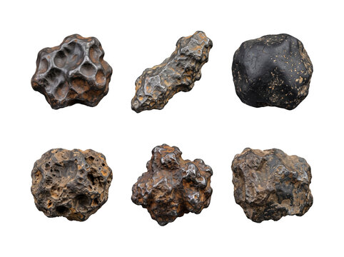 Collection of six dark metallic iron meteorites with pitted surfaces and irregular shapes isolated on a transparent background