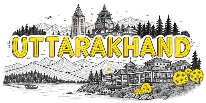 Uttarakhand Skyline Vector Line Art Illustration with Mountain Landscapes, Himalayan Architecture and Cultural Landmarks