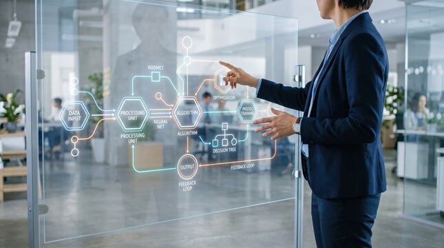 Businesswoman presenting algorithm flowchart on transparent glass screen, data analysis process, strategic planning, digital transformation, corporate technology presentation,