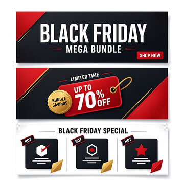 Black Friday mega bundle sale banners with discount tags and
