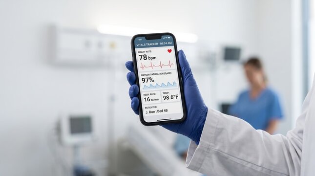 Doctor wearing blue gloves holding smartphone displaying patient vital signs tracker app with heart rate and oxygen saturation data in a hospital ward for telemedicine and health