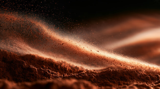 Fine Cocoa Powder Cloud Drifting in Backlight on Dark Background