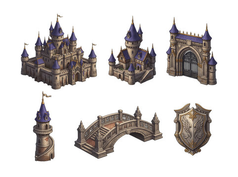 Collection of isometric fantasy castle buildings, stone gate, bridge, and decorative shield emblem isolated on a transparent background