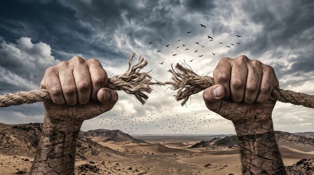 Two hands pulling apart a thick frayed rope over a dry cracked desert landscape under stormy sky, symbolizing conflict separation struggle tension or breaking ties in harsh
