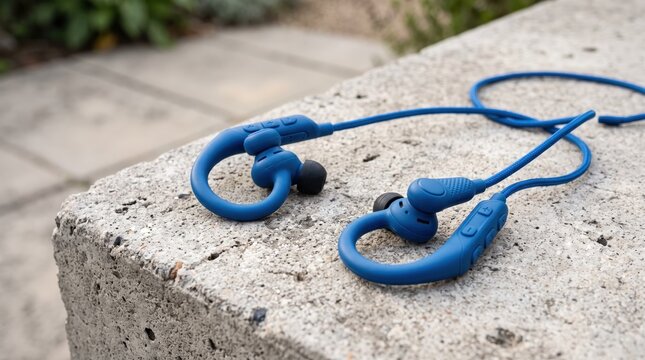 Blue wireless sport earphones with ear hooks lying on concrete block outdoors, high fidelity audio equipment for running fitness gym workout exercise music listening active