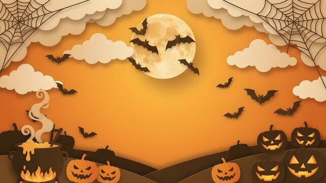 Happy Halloween banner or party invitation background with clouds, bats and pumpkins in paper cut style. Paper style illustration. Full moon in orange sky, spiders web 4k video resolution
