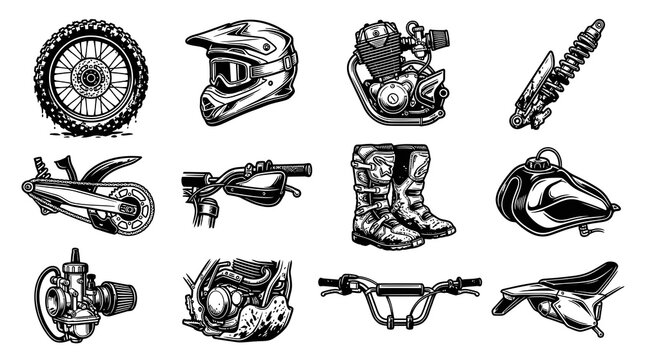 Vintage Black  White Line Art Motorcycle Parts  Motocross Gear Vector Set: Engine, Helmet, Wheel, Boots