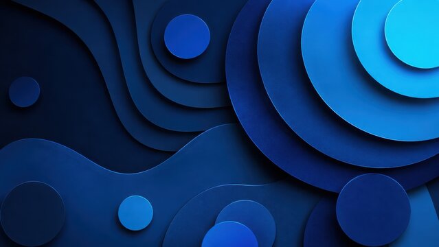 Abstract layered paper cut background, with concentric circles, and waves in, shades of deep, royal blue