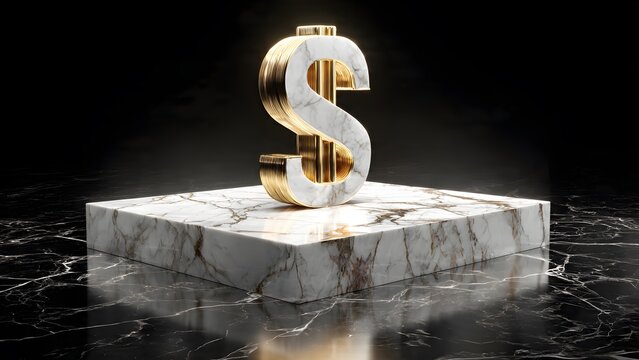 Elegant white marble dollar sign with golden edges standing on massive matching marble pedestal against dark background creating striking contrast and high visual impact for financial concept.